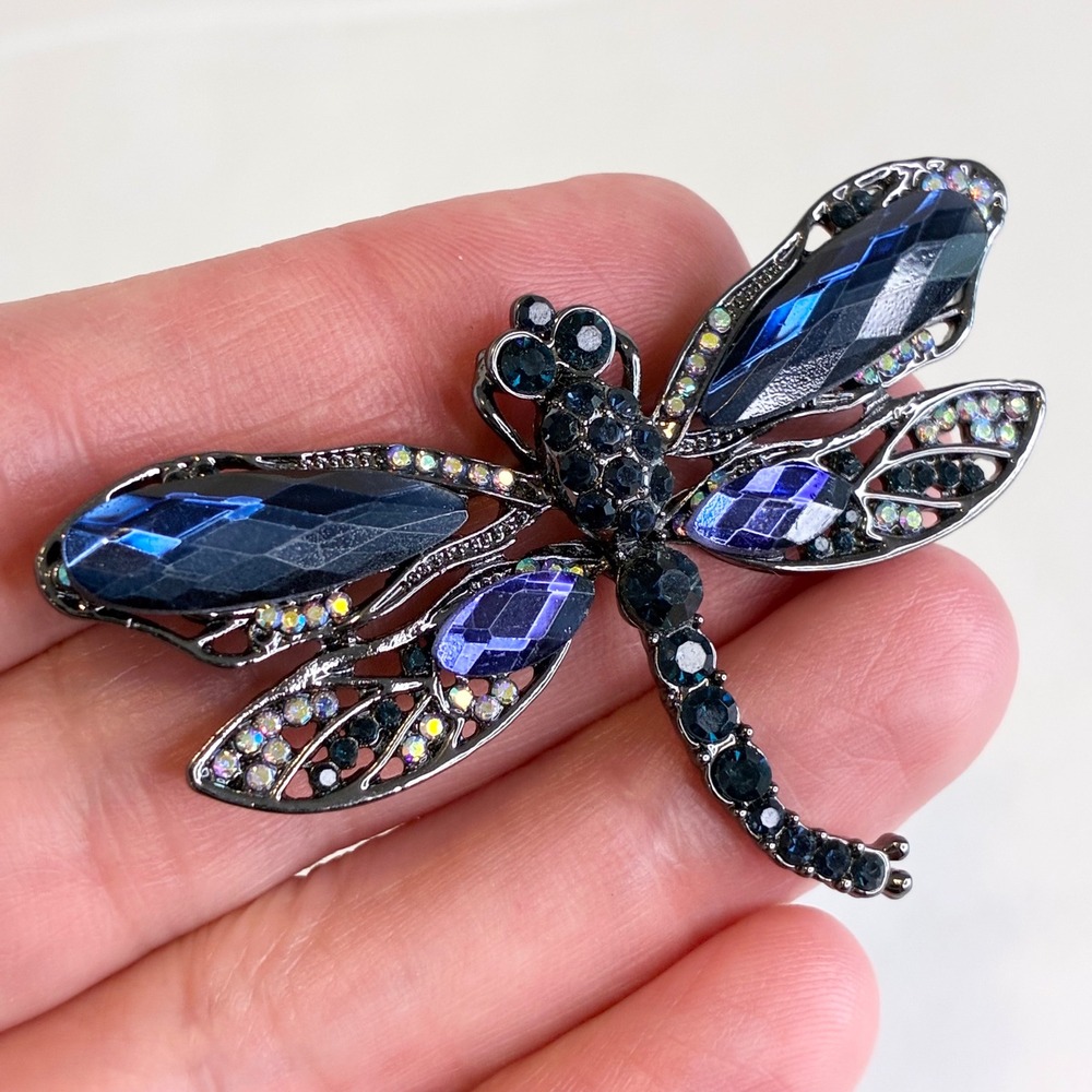 Dragonfly Brooch Blue Rhinestone AB Crystal Gunmetal Statement Pin